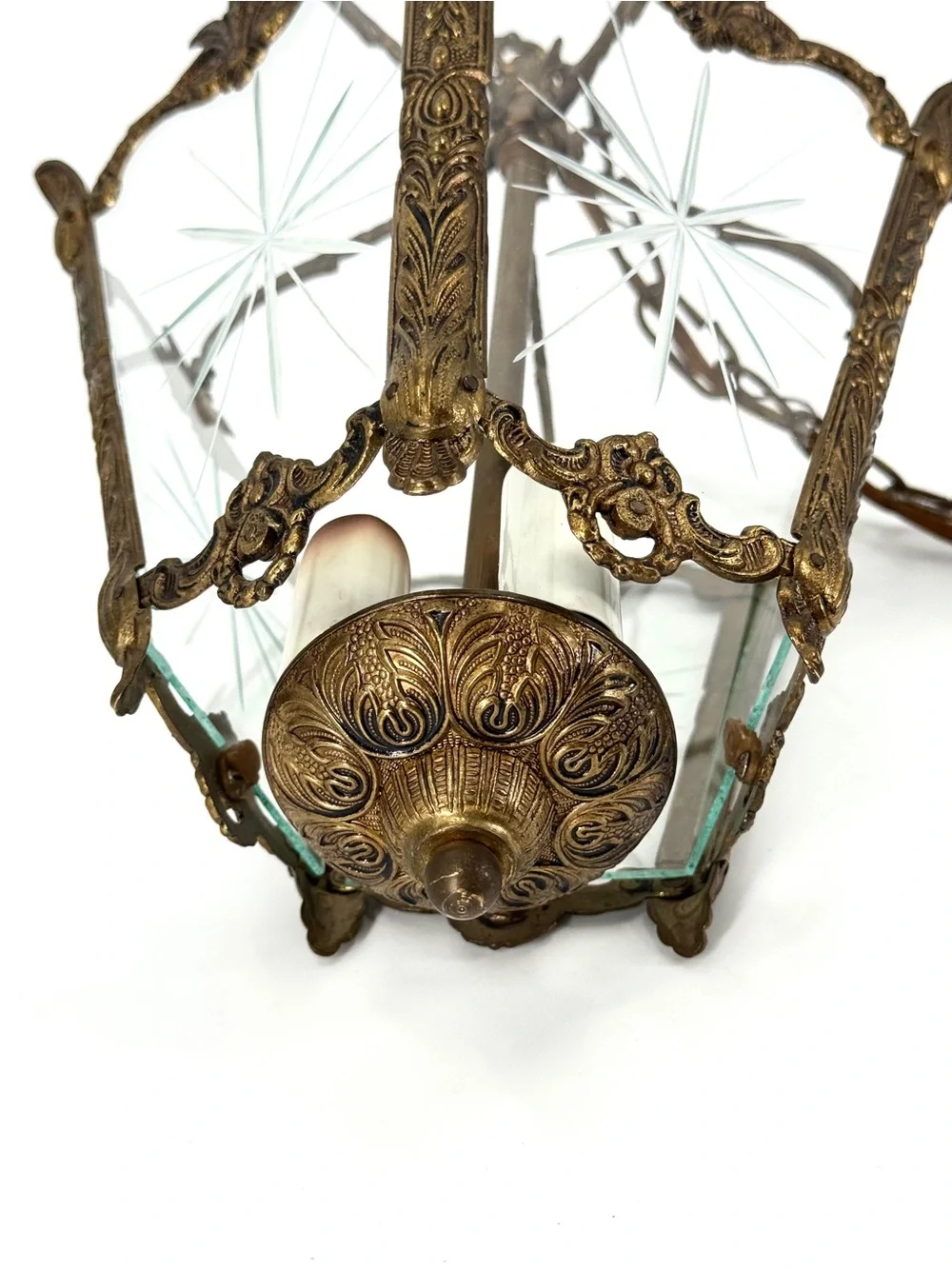 Antique French Rococo Style Brass Birdcage Lantern Pendant Light